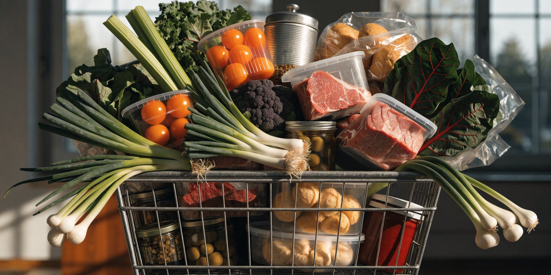 A metal shopping cart is piled high with various groceries including fresh produce, meat, and pantry staples.