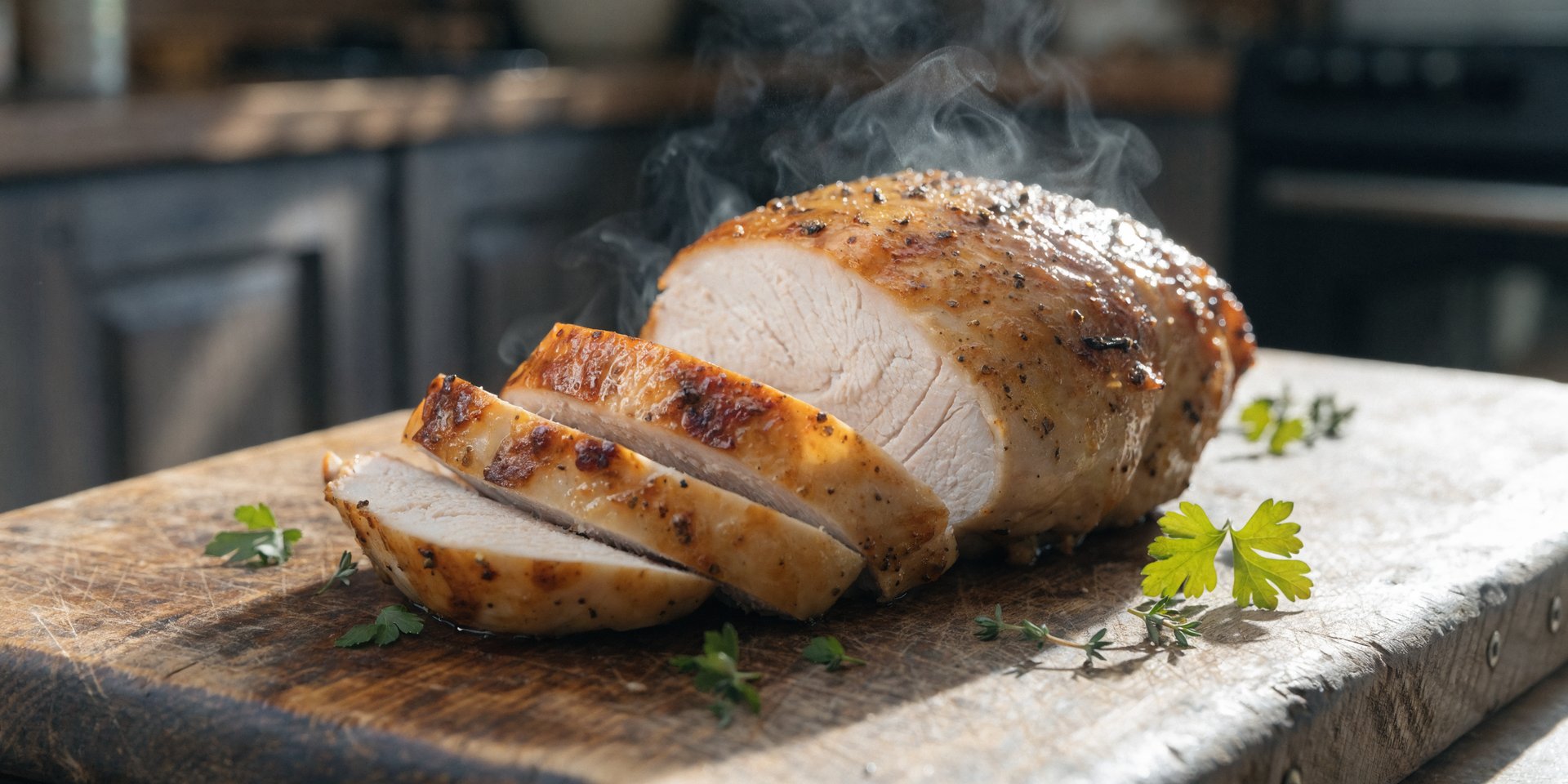 Sliced golden-brown chicken breast on a wooden cutting board with fresh herbs and steam rising.