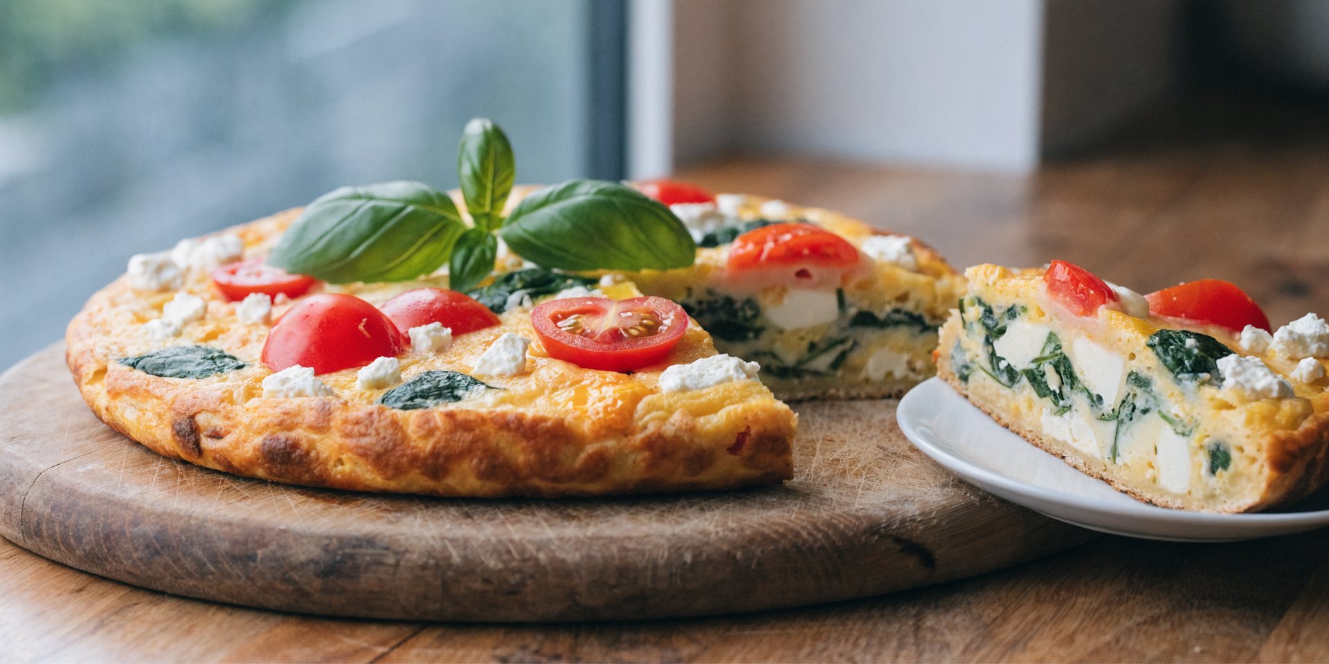 A golden frittata with visible vegetables and cheese is on a wooden cutting board, with one slice on a white plate next to it.