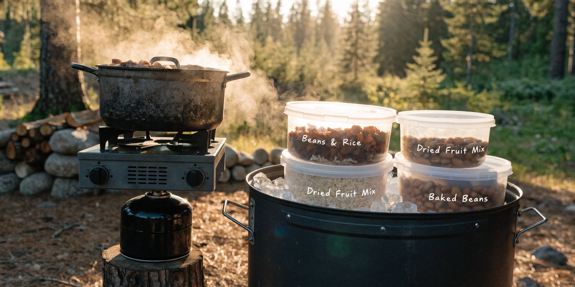 A well-organized camp kitchen with a large cooler, a multi-burner stove, and pre-prepped food containers in a forest clearing.