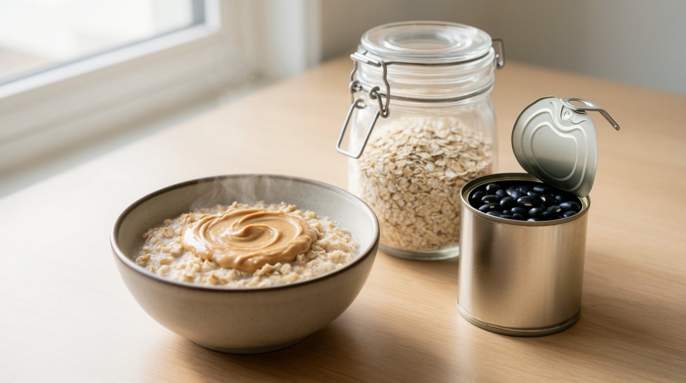 Dorm desk with a bowl of oatmeal and peanut butter, a can of black beans, and a jar of rolled oats