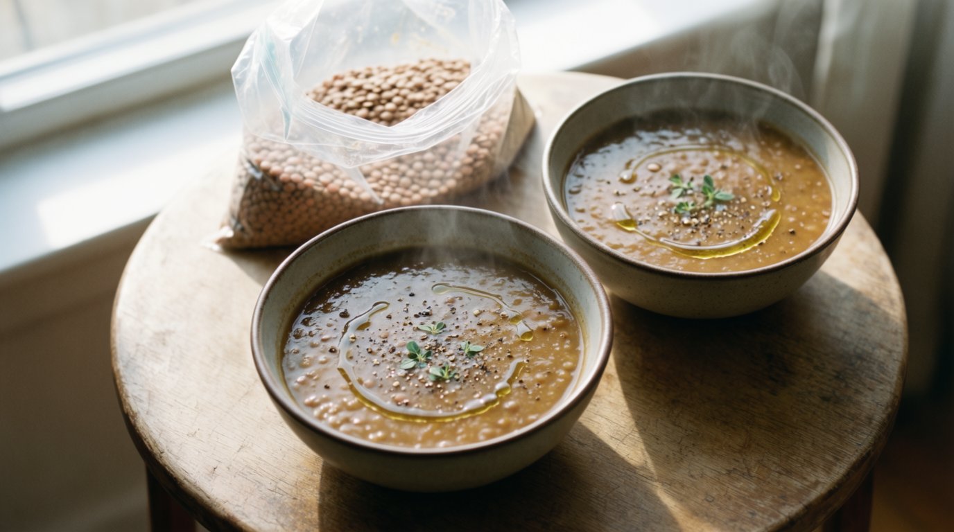 Two bowls of lentil soup on a small kitchen table beside a half empty bag of dry lentils