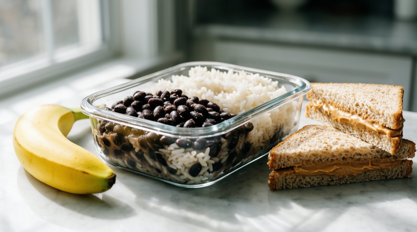 Packed lunch container with beans and rice, a banana, and a peanut butter sandwich on a counter