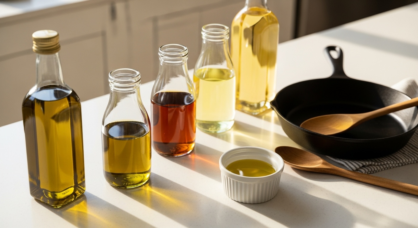 Several bottles of cooking oils lined up on a kitchen counter with labels visible