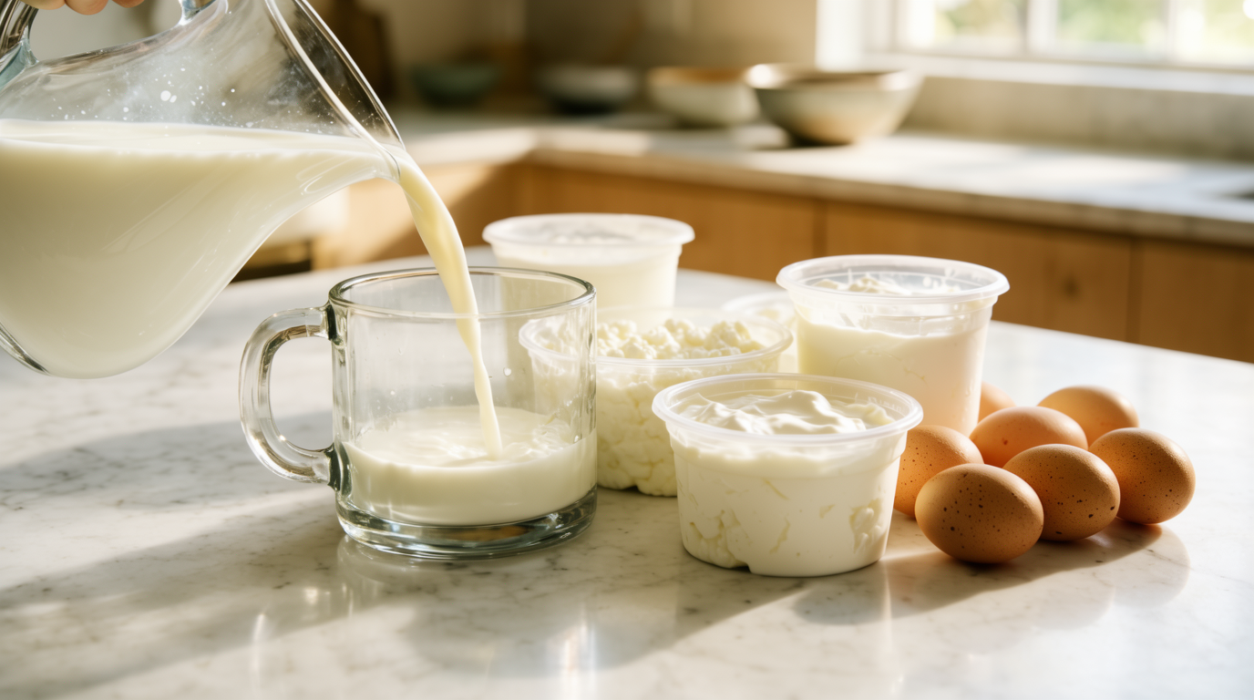 Milk being poured into a glass beside tubs of yogurt and cottage cheese and brown eggs on a marble counter