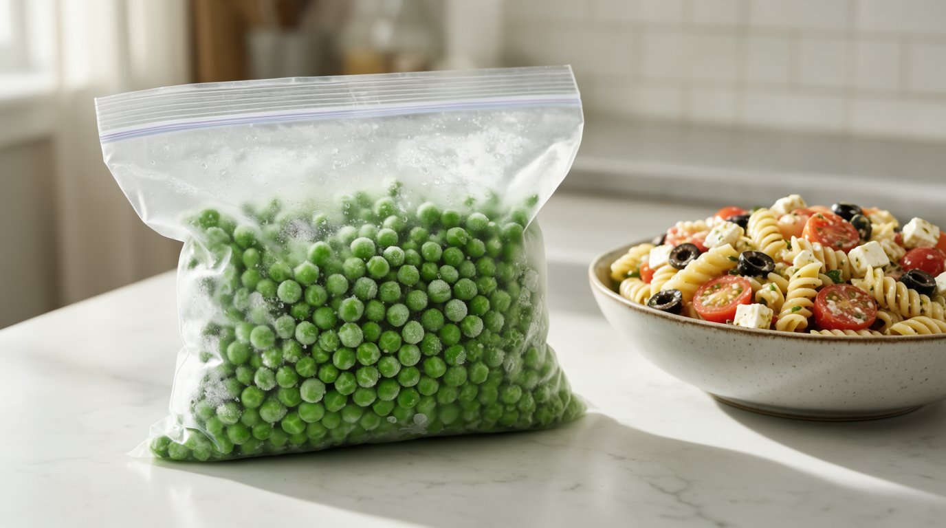A bag of frozen peas next to a bowl of pasta salad on a kitchen counter