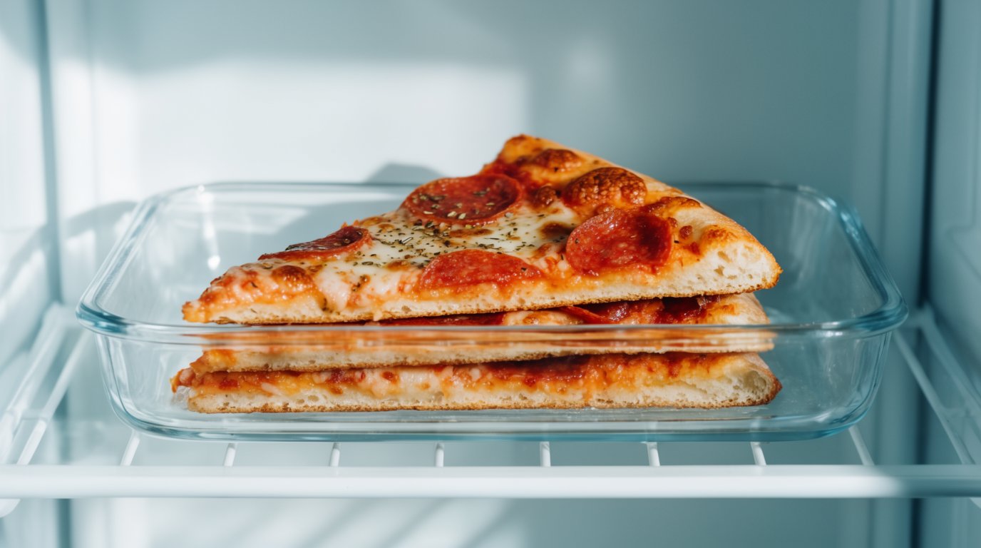 Two leftover pizza slices wrapped and stacked in a shallow container on a fridge shelf