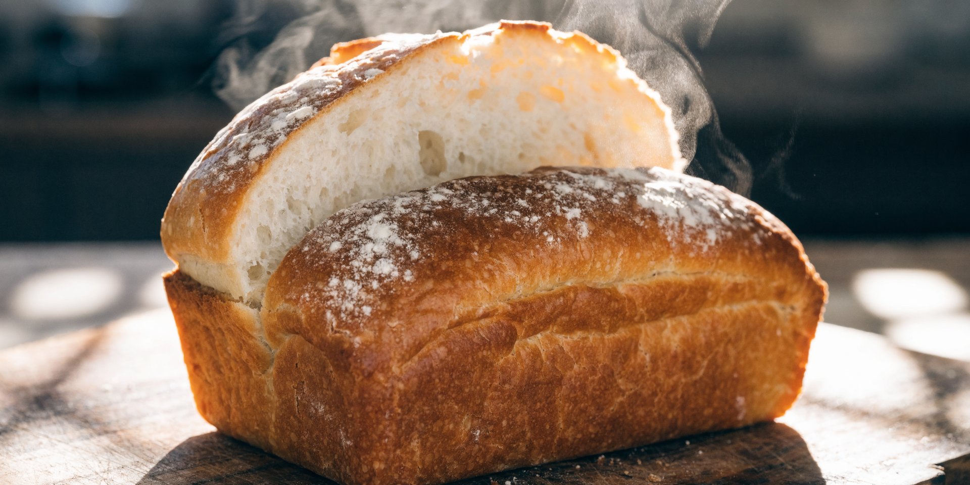 A golden-brown loaf of sliced sandwich bread rests on a wooden cutting board, with one slice partially pulled away.