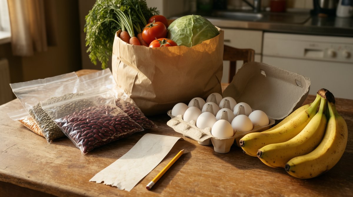 Paper grocery bag with vegetables, bags of dry beans, eggs, and bananas next to a receipt and pencil on a kitchen table