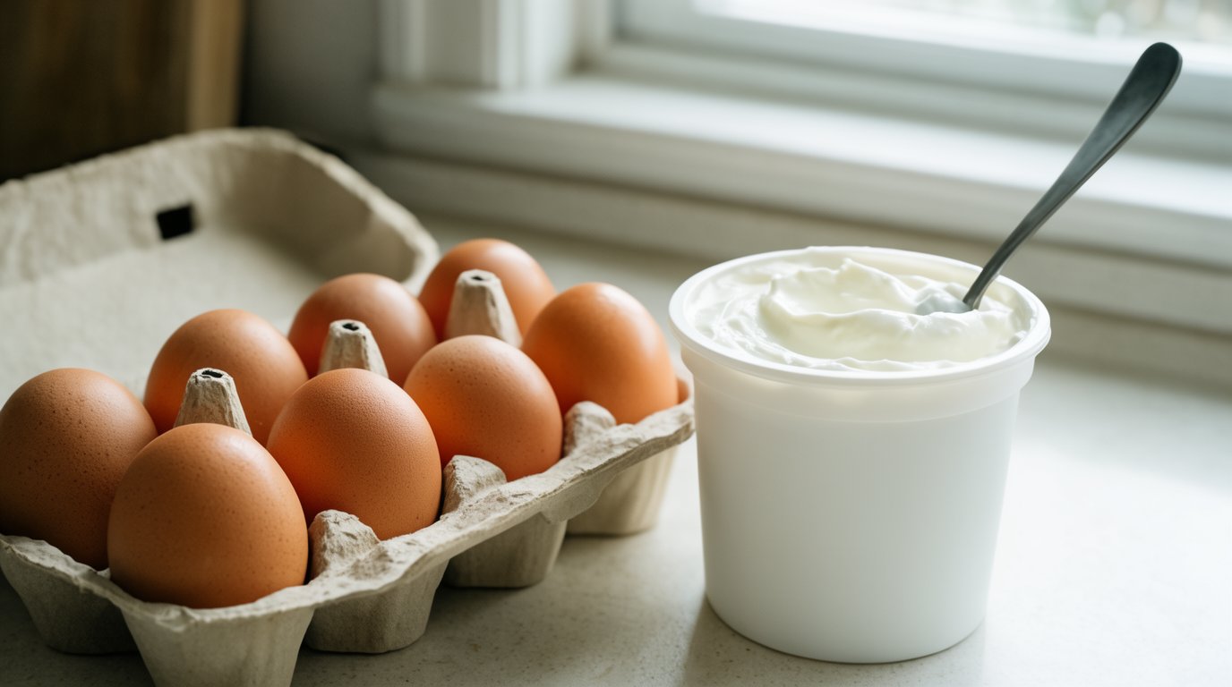 A carton of open brown eggs beside a tub of plain Greek yogurt with a spoon on a kitchen counter