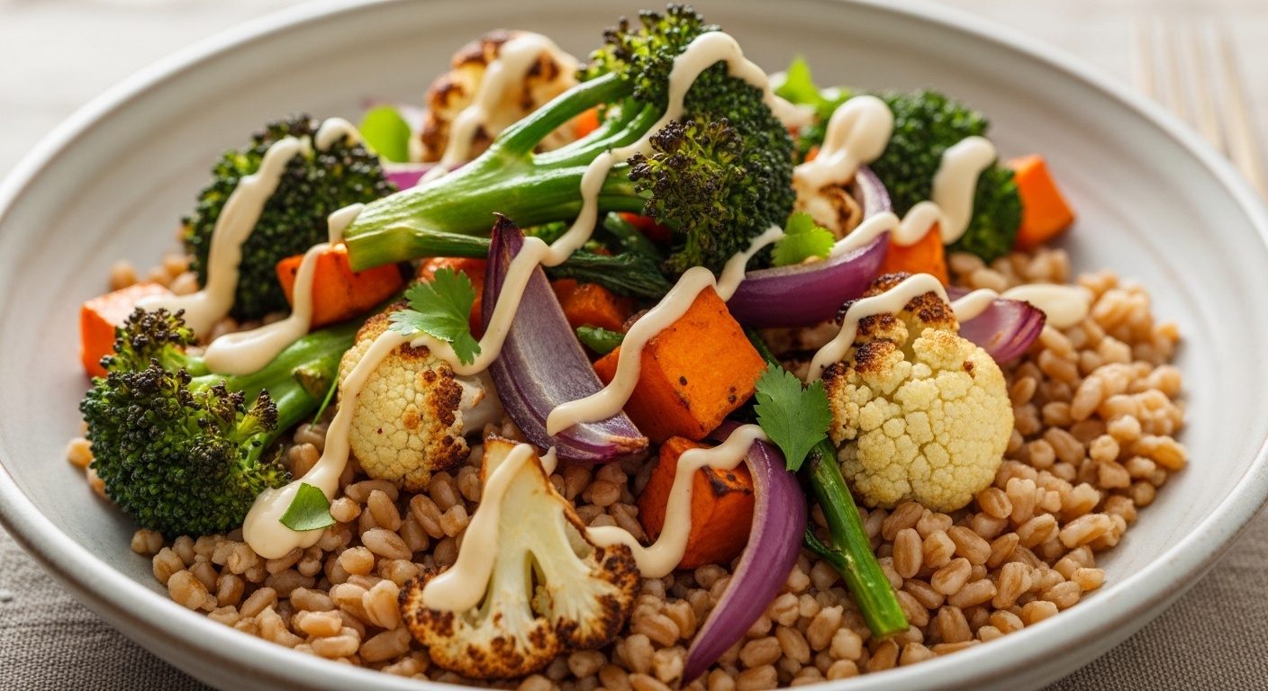 Farro lunch bowl with roasted vegetables and lemon tahini sauce in a shallow bowl
