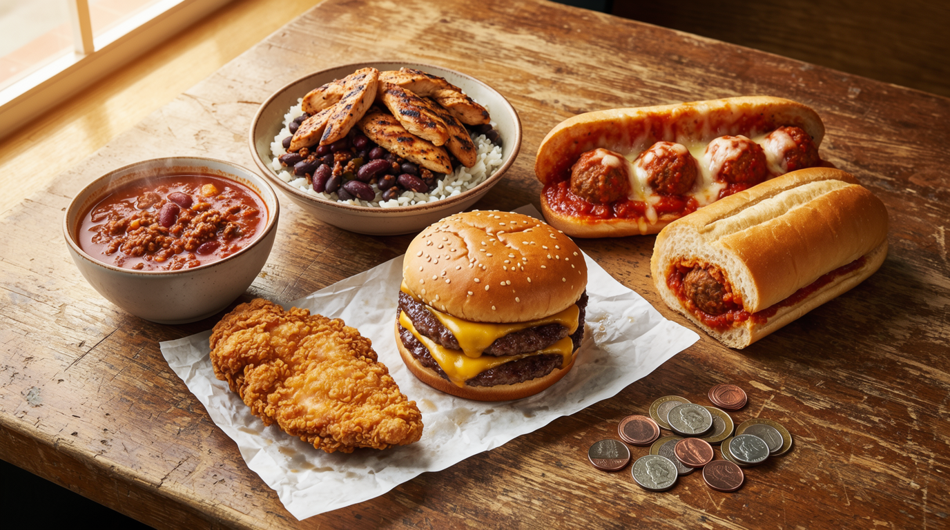 Overhead spread of fast food on a wood table, including a double cheeseburger, fried chicken, a meatball sub, a cup of chili, and a chicken burrito bowl next to dollar bills and coins