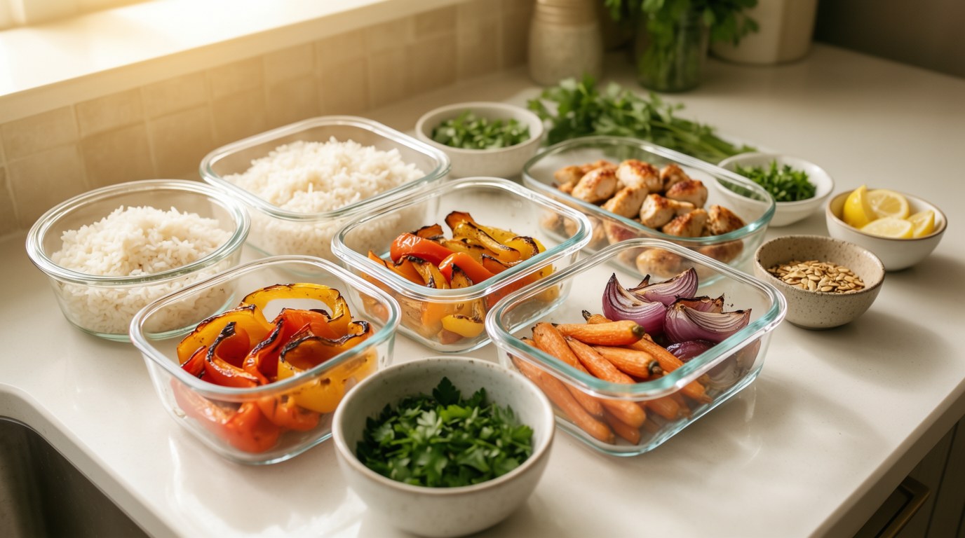 Glass containers and small bowls of weekly food prep components arranged on a bright kitchen counter.