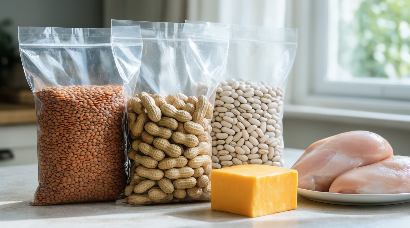 Bags of dry lentils, peanuts, and beans lined up beside a block of cheese and a pack of chicken breast on a counter