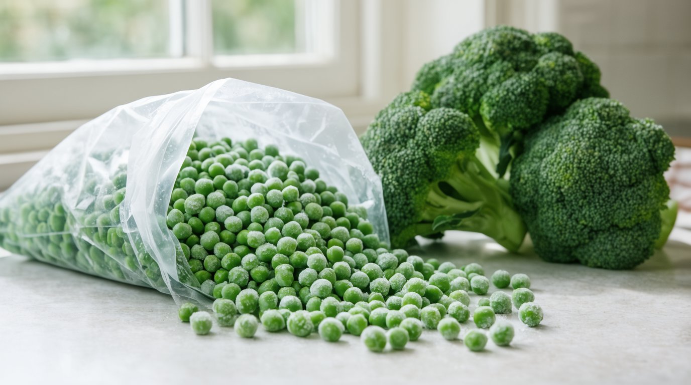 A bag of frozen green peas spilling onto a counter next to a head of fresh broccoli crowns