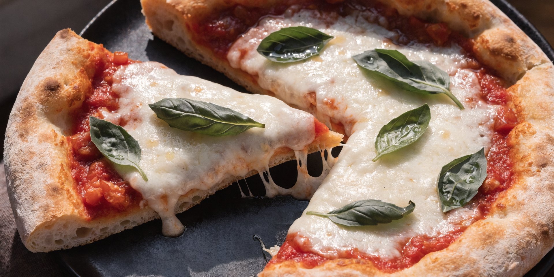 A slice of gluten-free sourdough pizza with tomato sauce, mozzarella, and basil is being lifted from the whole pizza.