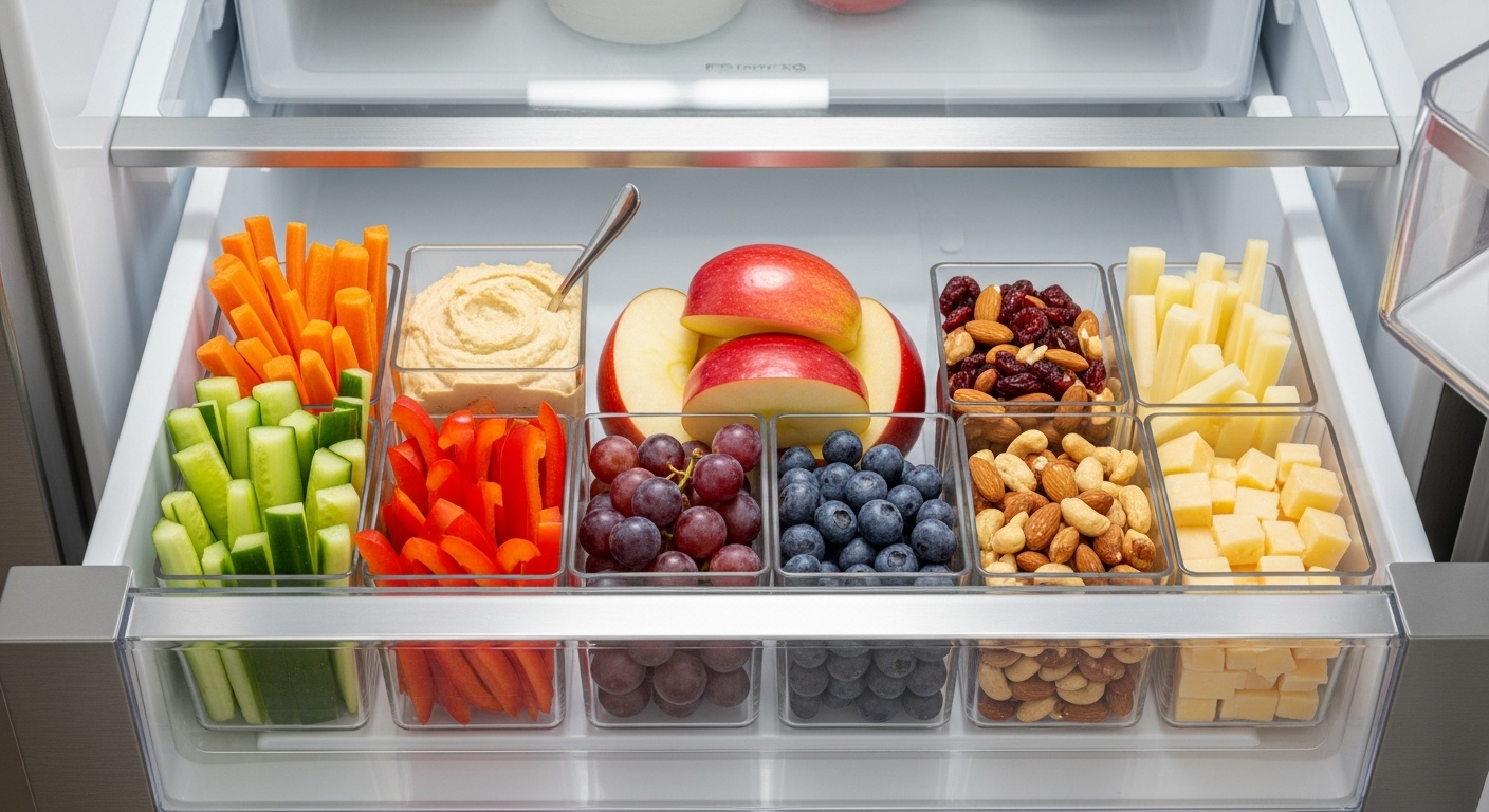 A well organized refrigerator drawer filled with pre-portioned healthy snacks