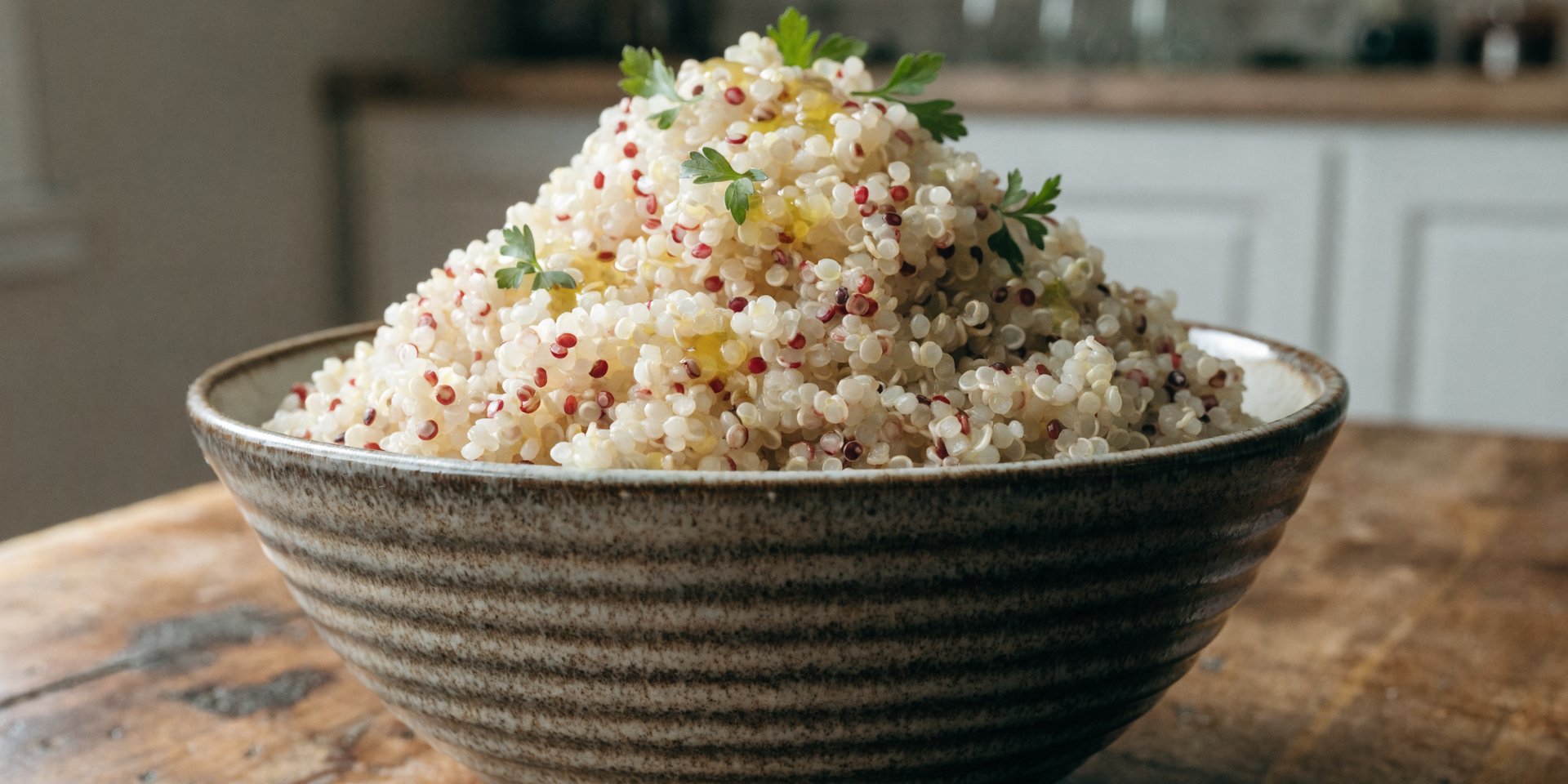 A close-up of a bowl of fluffy cooked quinoa, garnished with fresh green herbs and a light drizzle of olive oil.