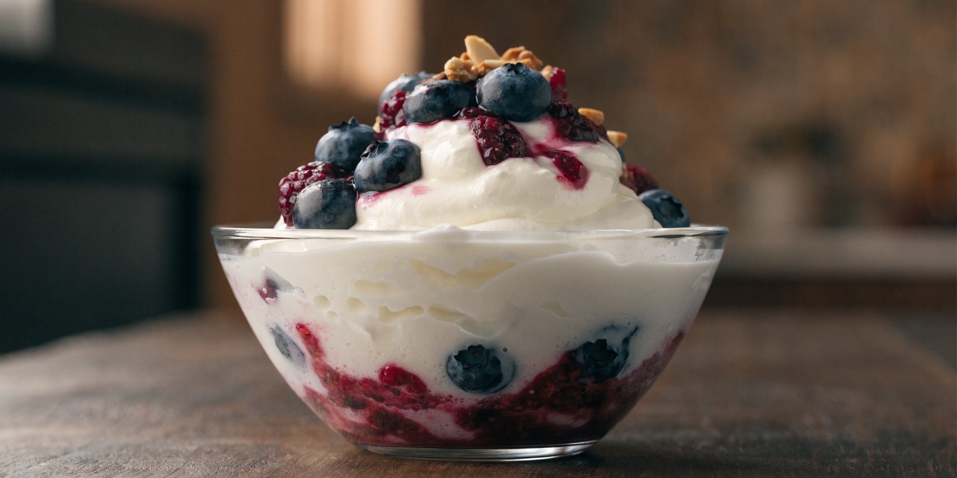 A glass bowl of plain Greek yogurt swirled with berry compote and topped with a sprinkle of nuts.