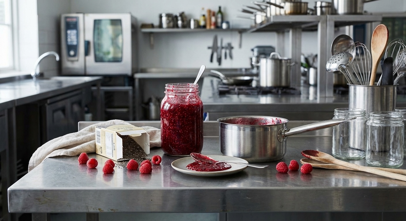 A glass jar of homemade raspberry chia jam next to a slice of whole grain toast
