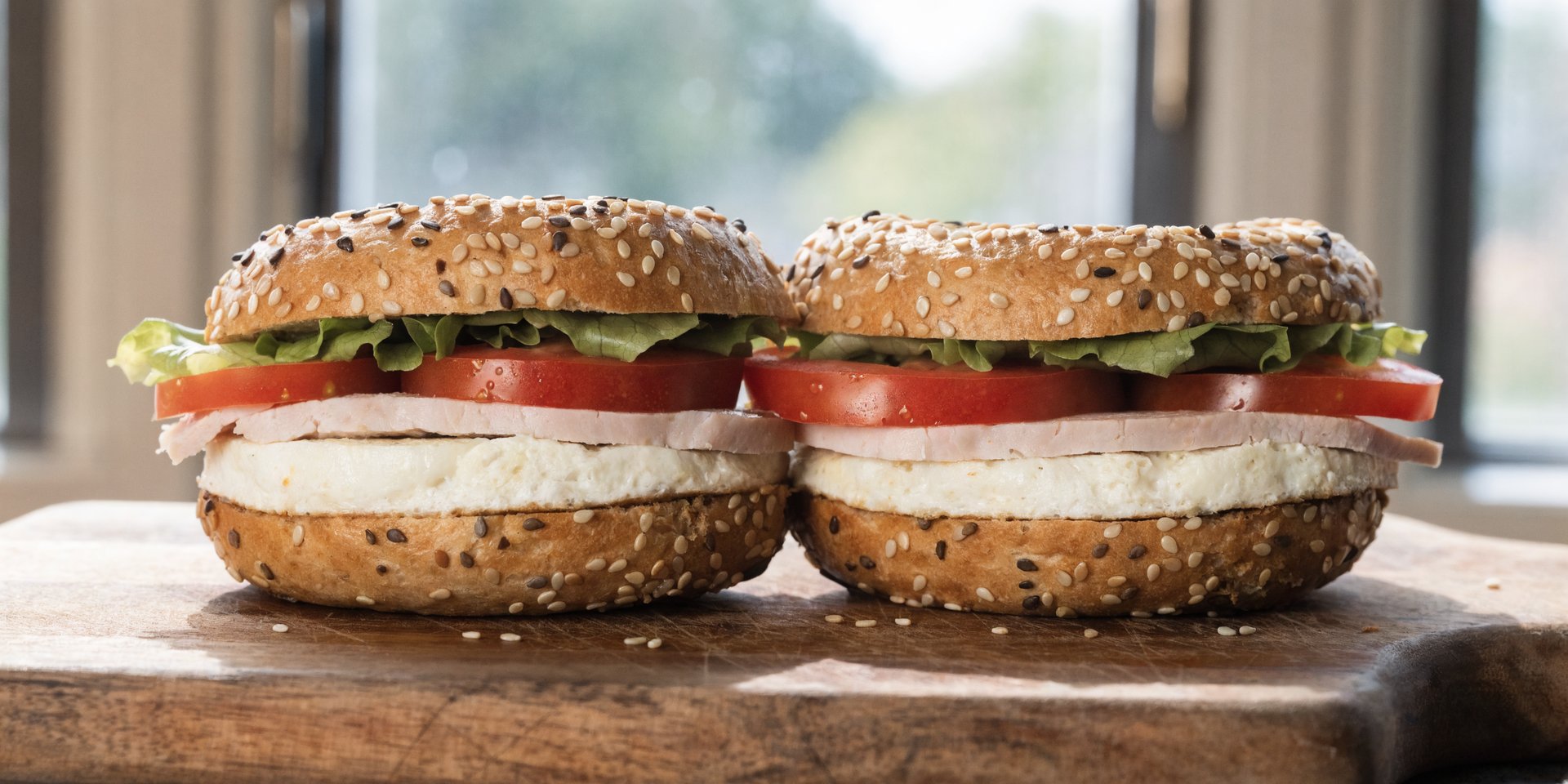 A sliced high-protein bagel sandwich with egg, greens, tomato, and turkey on a wooden cutting board.