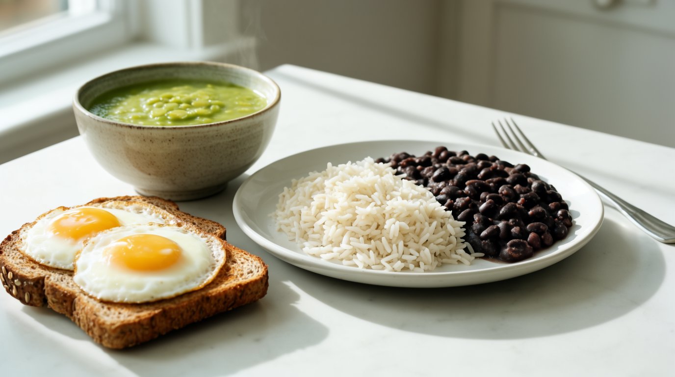 Plate of rice and beans beside a bowl of split pea soup and two eggs on toast