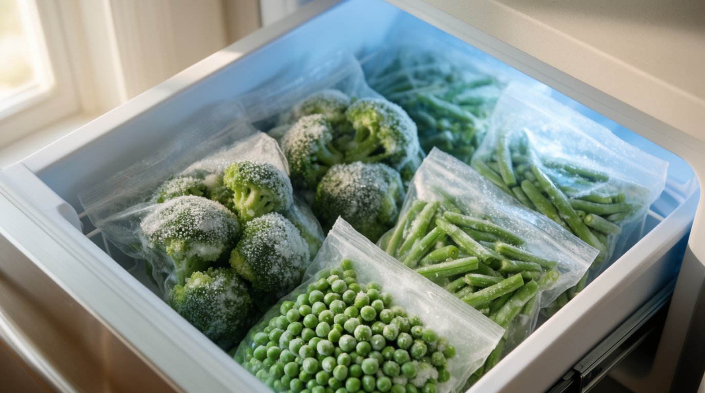 Clear freezer bags of mixed vegetables and green peas stacked on a freezer shelf