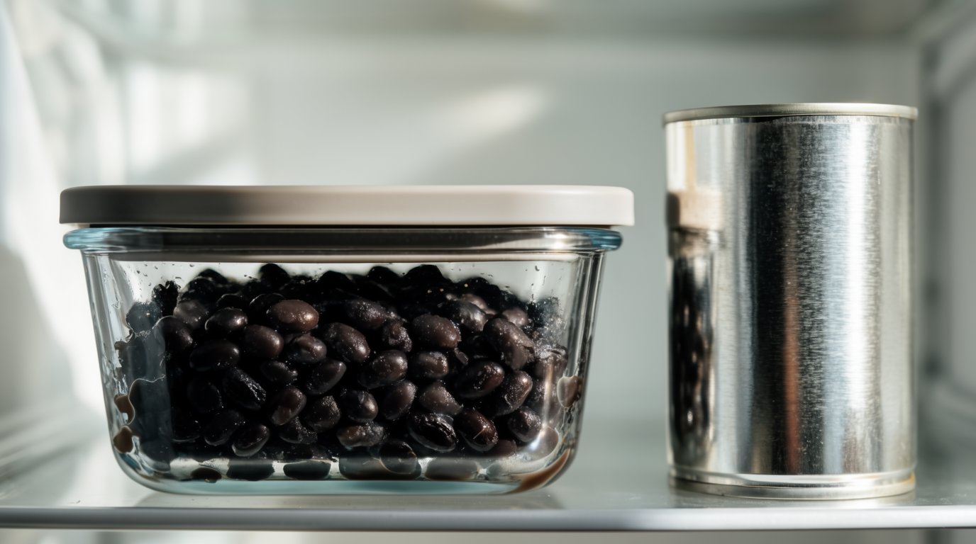 Leftover black beans in a covered glass container on a refrigerator shelf next to the empty can