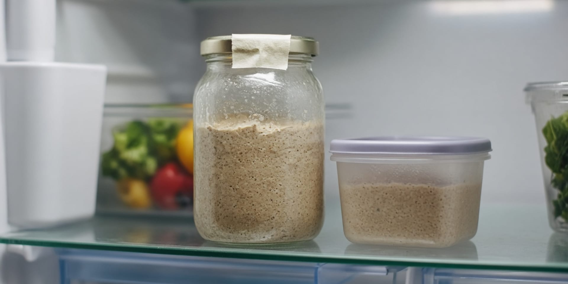 A glass jar of beige sourdough discard with a strip of tape on the side, on a refrigerator shelf next to a small lidded container of the same mixture.