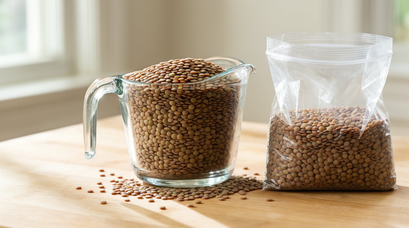 A kitchen scale holding a portion of dry brown lentils next to an opened one pound bag