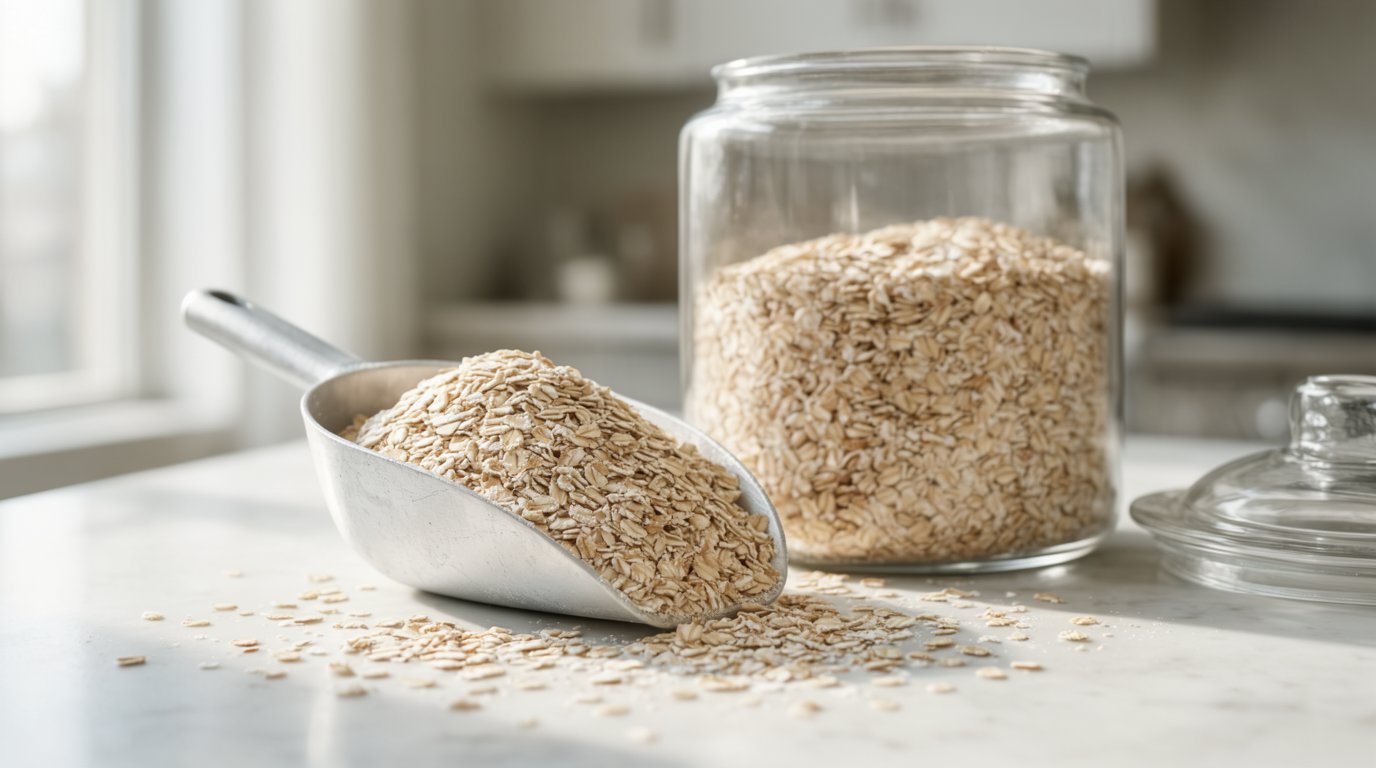 A measured scoop of dry rolled oats on a kitchen scale beside a large canister of oats