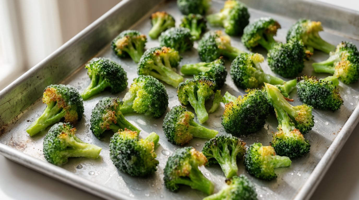 Frozen broccoli florets spread in a single layer on a hot sheet pan
