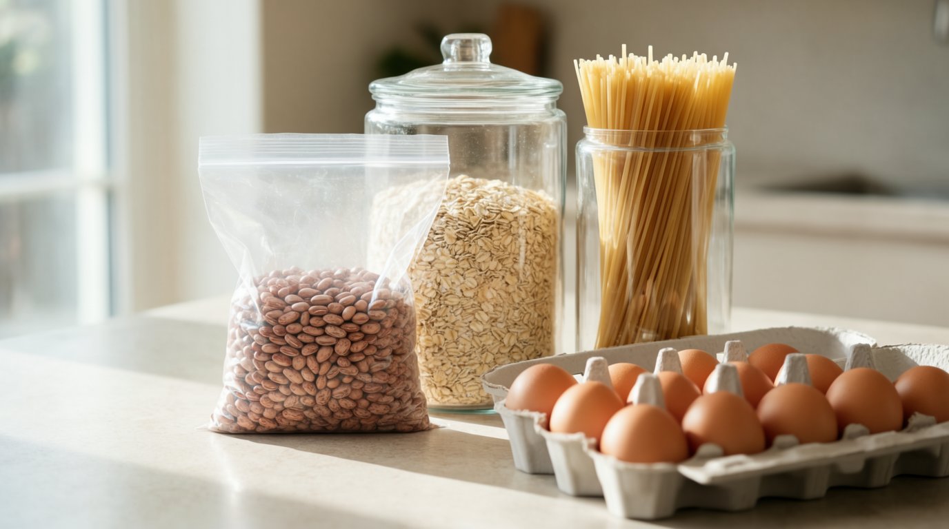 Kitchen counter with a bag of dry pinto beans, a canister of oats, a box of pasta, and a carton of eggs