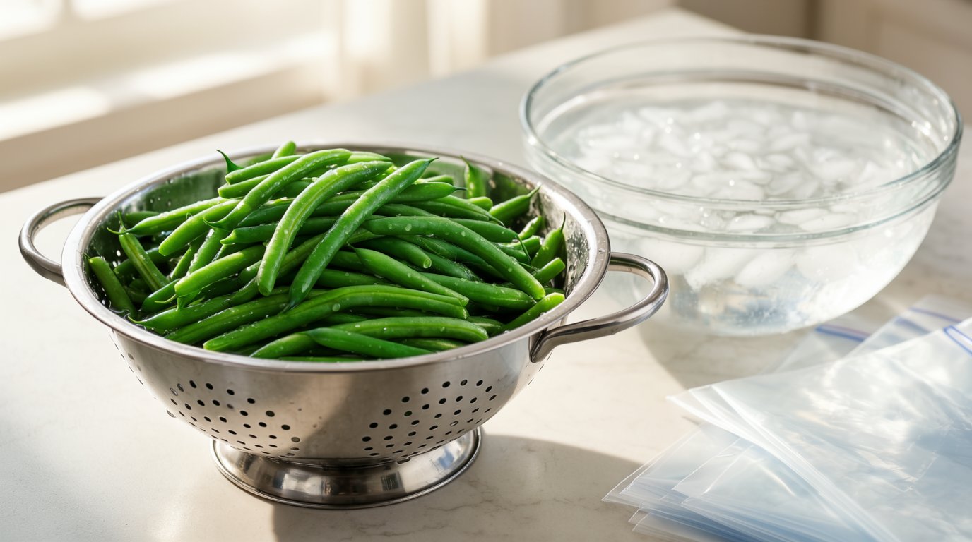 Blanched green beans draining in a colander beside a bowl of ice water and freezer bags
