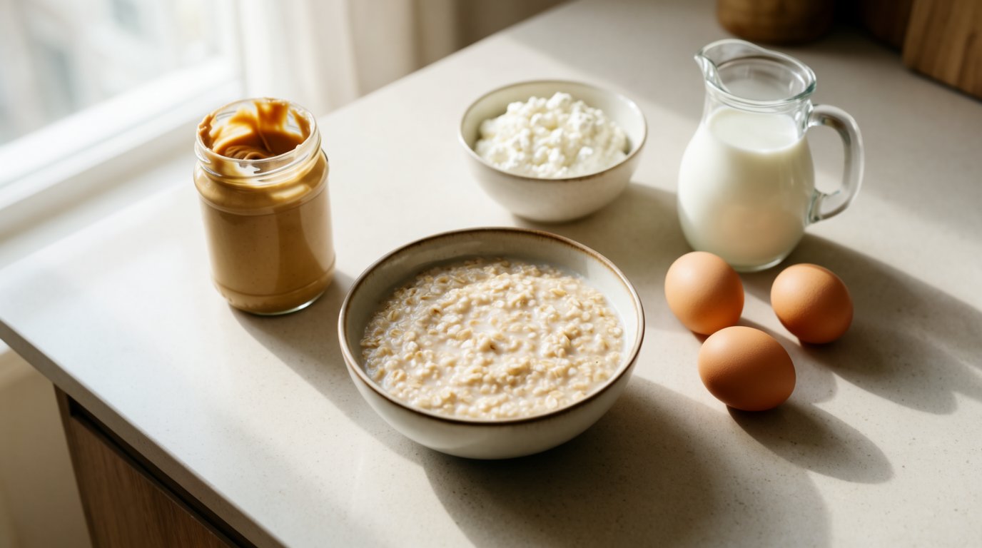 A bowl of oats surrounded by a jar of peanut butter, a carton of milk, eggs, and a tub of cottage cheese