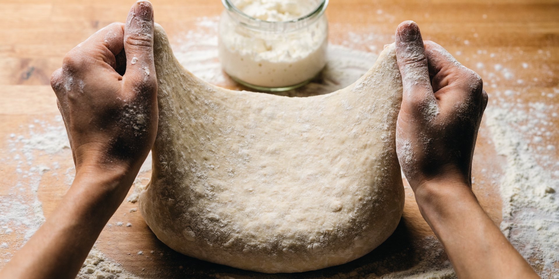 Hands gently stretch a shaggy ball of sourdough pizza dough on a floured wooden surface, with a glass jar of sourdough discard in the background.
