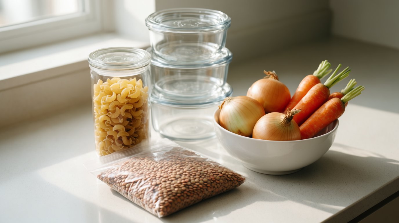 Dry lentils, pasta, fresh produce and empty meal-prep containers laid out on a kitchen counter