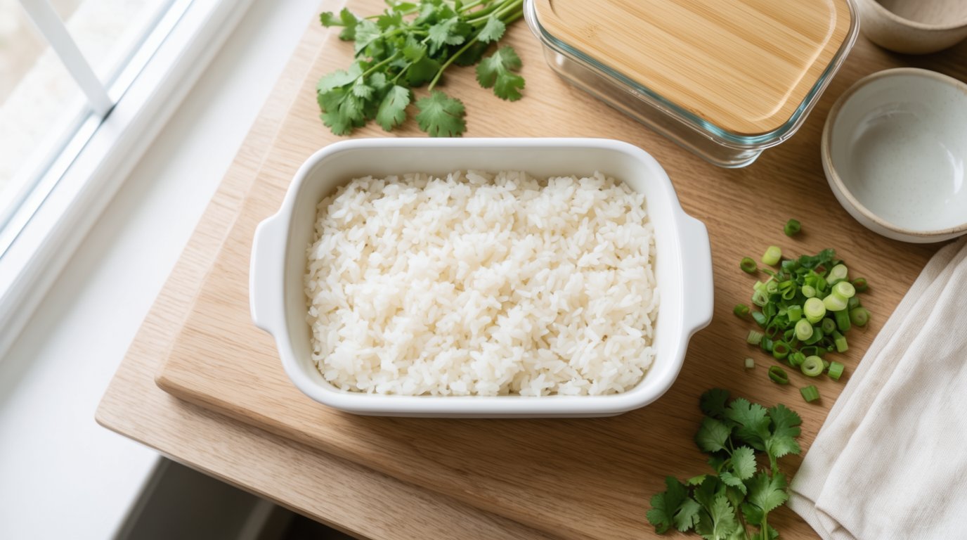 Overhead view of a white meal prep container filled with fluffy rice next to a glass storage container, with fresh herbs and wood cutting board.