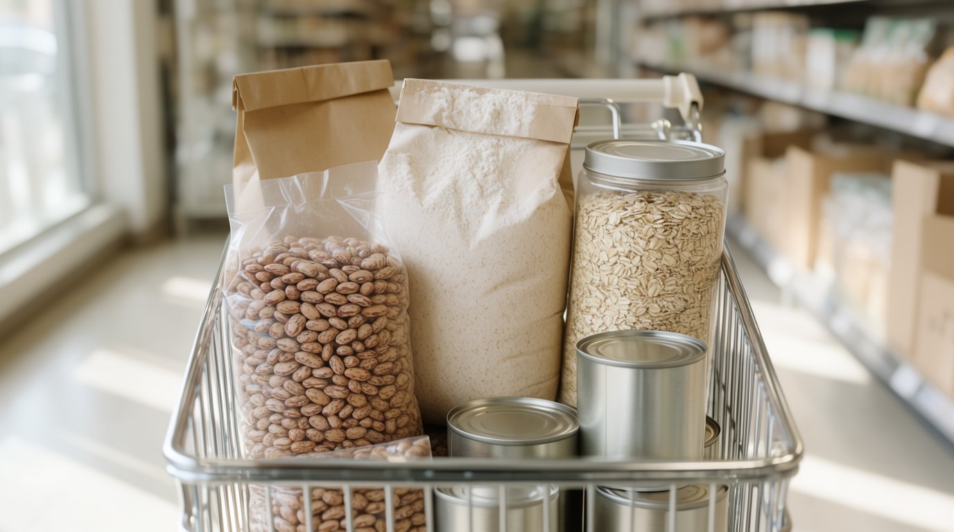 A shopping cart part-filled with pantry staples and fresh produce in a supermarket aisle