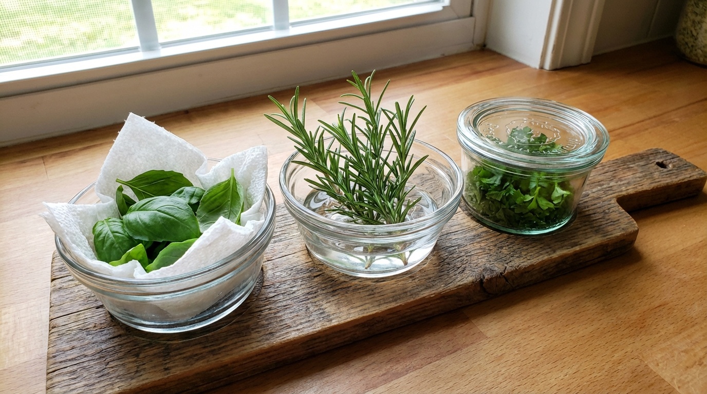 Glass jars holding basil, rosemary, and parsley on a wooden board by a window
