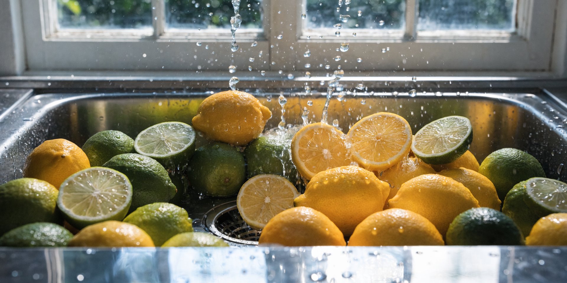 A sparkling clean stainless steel kitchen sink filled with whole and sliced green limes and yellow lemons, with water droplets on the fruit and basin.