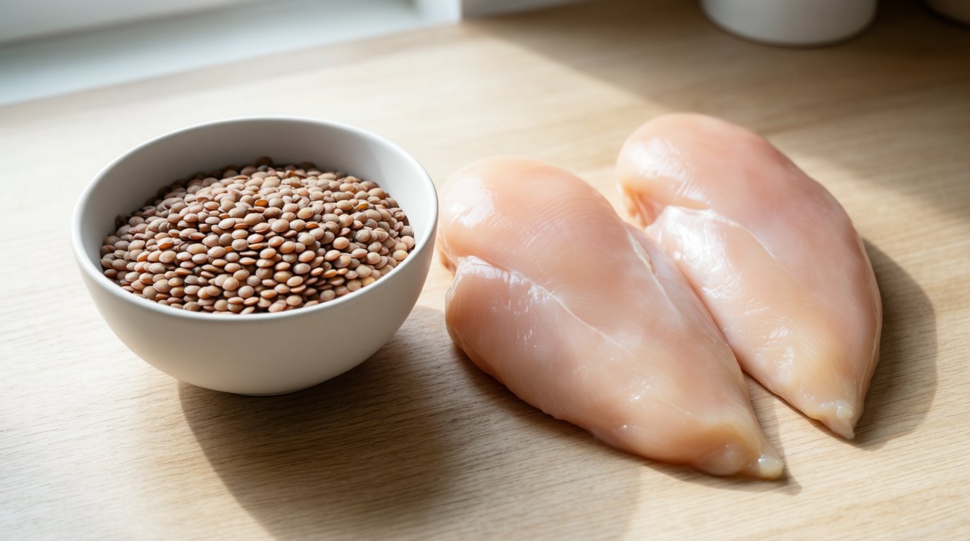A bowl of dry brown lentils next to two raw boneless skinless chicken breasts on a wooden counter