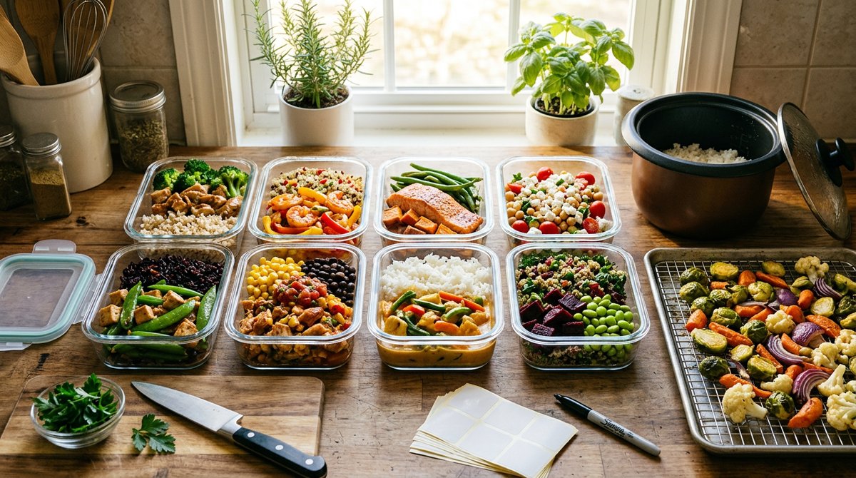 Glass meal prep containers filled with colorful prepped meals on a counter next to a rice pot and a sheet pan of roasted vegetables