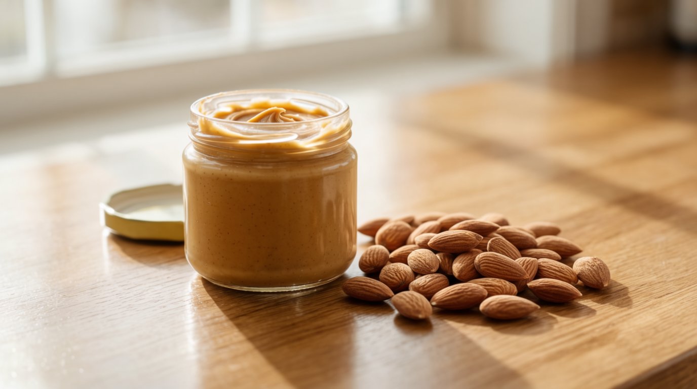 An open jar of peanut butter beside a pile of whole raw almonds on a wooden counter