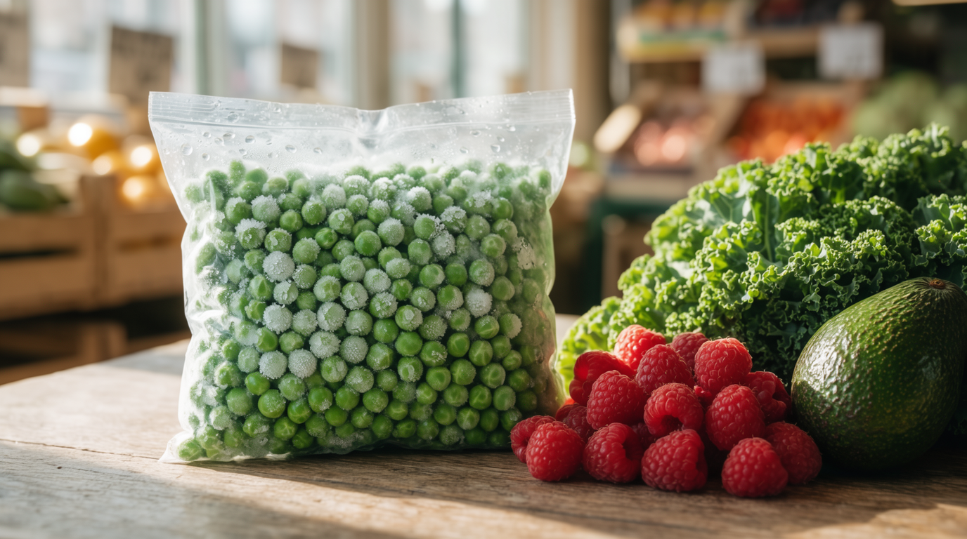 A bag of frozen green peas with frost beside fresh raspberries, an avocado, and leafy greens