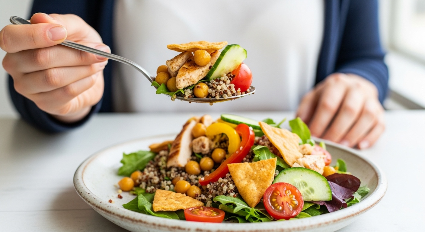Colorful lunch bowl with grilled chicken vegetables and crunchy toppings