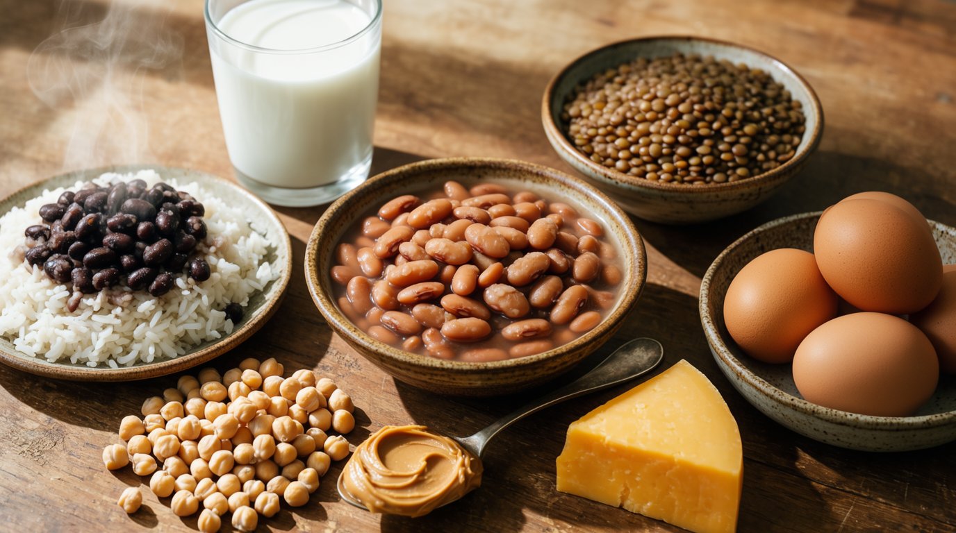Overhead spread of budget high-quality proteins on a wooden table: pinto beans, lentils, rice and black beans, eggs, cheese, chickpeas, milk, and peanut butter