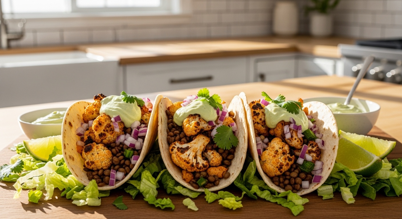 Roasted cauliflower and lentil tacos topped with lime crema on a plate