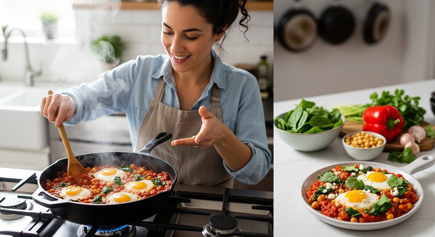 Skillet of shakshuka with chickpeas spinach and baked eggs