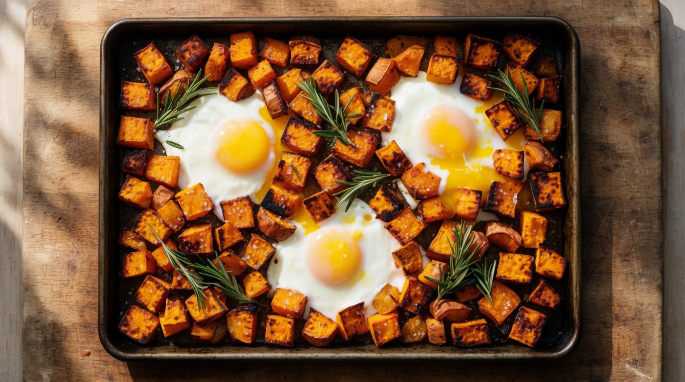 A sheet pan filled with golden roasted sweet potato cubes and fried eggs topped with fresh rosemary, shot from above in bright natural light.